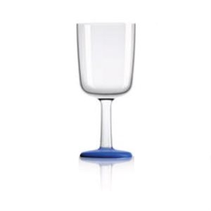 Clear plastic Unbreakable wineglass with a blue base